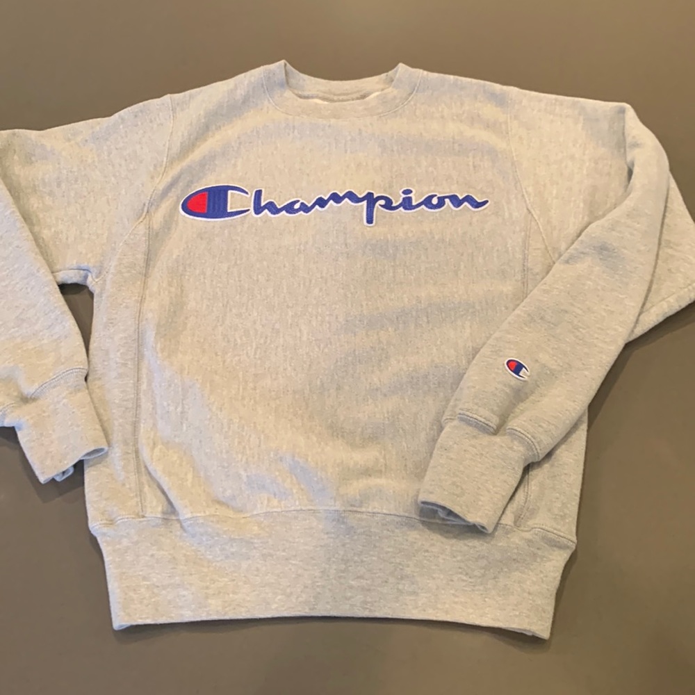 Champion sweatshirt, grey with blue embroidered logo across the chest.